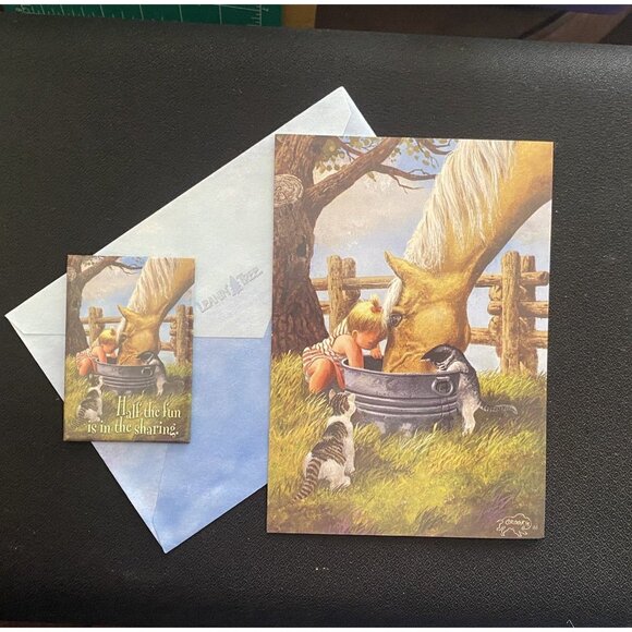 Combo Leanin' Tree Greeting Card/Magnet Horse Cats Child Country Don Crook© VTG - Picture 1 of 11